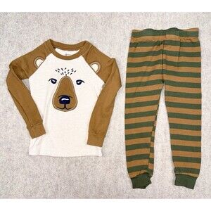 Members Mark Boys Size 3T 2 Piece Pajama Set Bear Brown Stripes Long Sleeve Pant